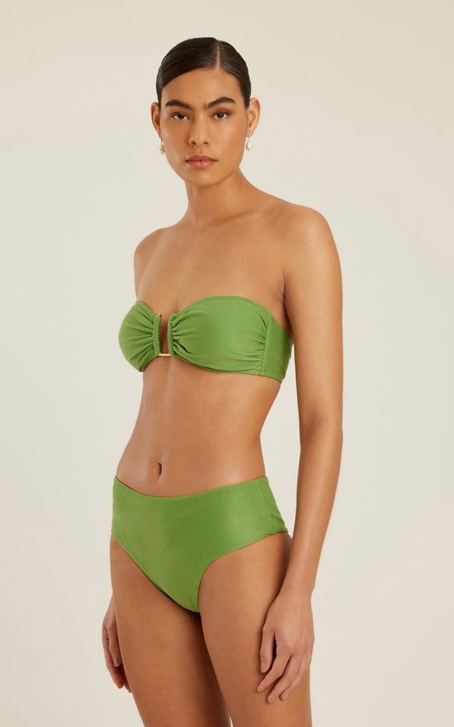 Biquinis Lenny Niemeyer | Sutia Bandeau Geometrico Matcha E Calca Alta Basica Matcha